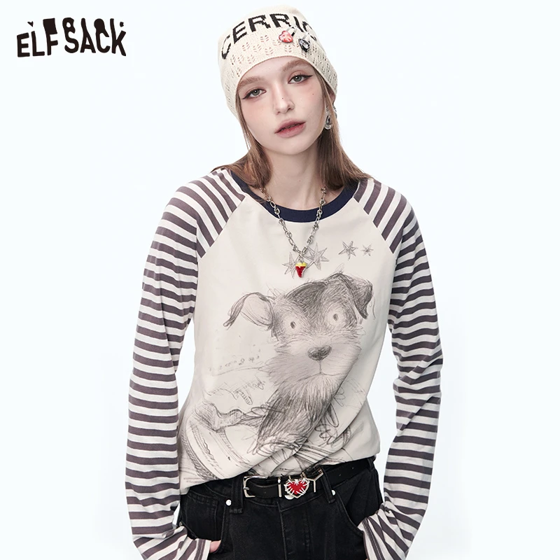 妖精的口袋条纹印花插肩长袖t恤女2025年春季新款设计感休闲上衣