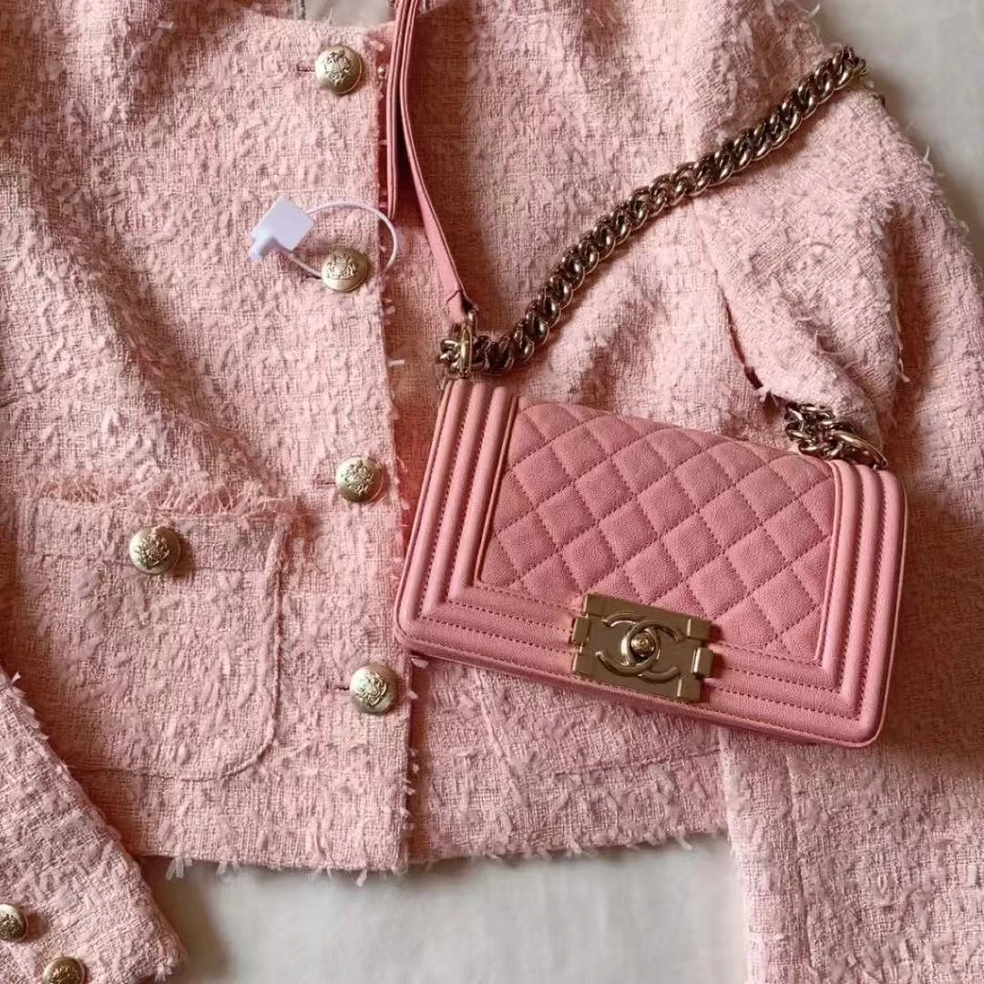 95新 Chanel/香奈儿 leboy小号粉金荔枝牛单肩包/优品