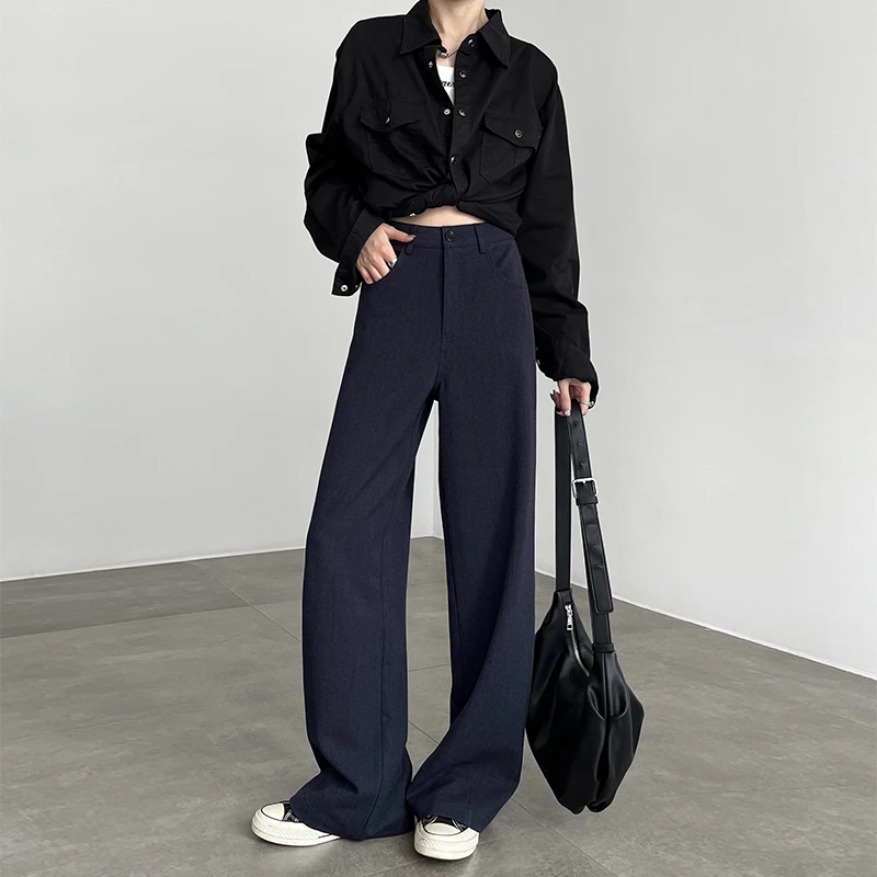 天丝羊毛阔腿裤女春秋2025新款高腰垂感休闲拖地直筒藏青色西装裤
