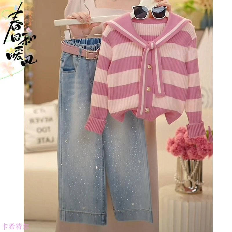女童条纹海军领毛衣牛仔裤套装2025春秋款大童针织衫学院风阔腿裤