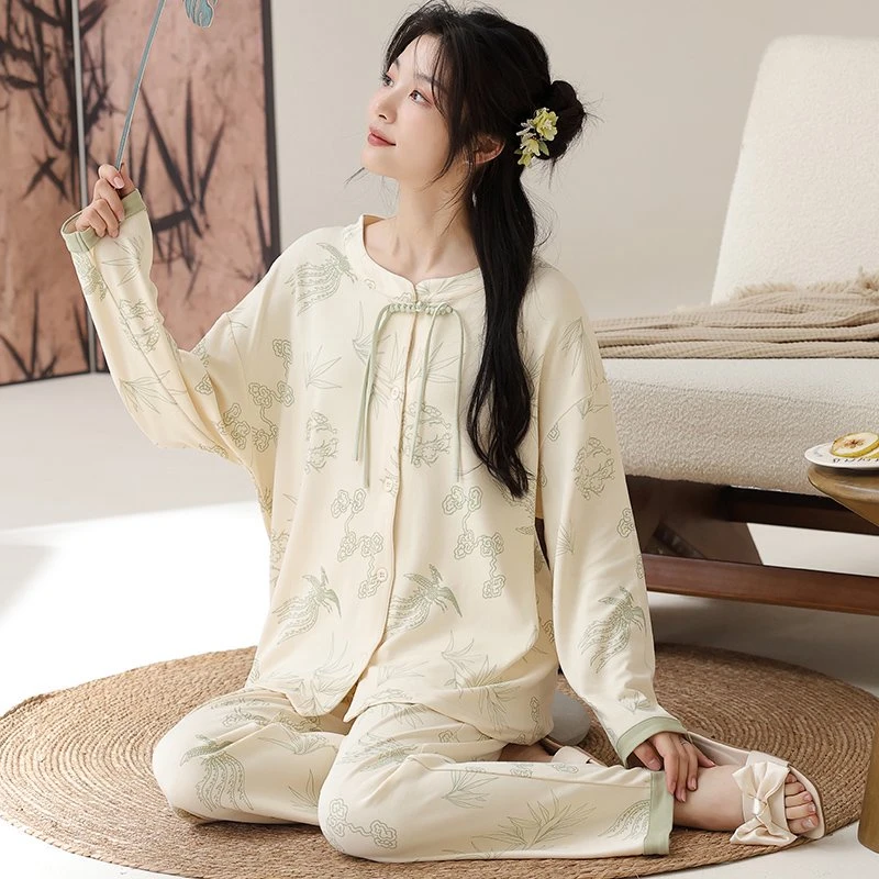 [实体品质超柔40支棉]新中式简约女180斤秋冬睡衣家居服-燕