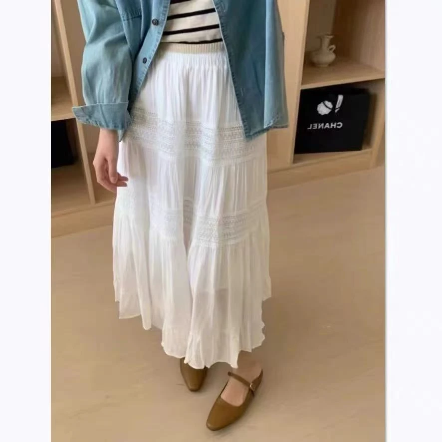 2950#温柔风镂空高腰 a字裙中长款荷叶边拼接伞裙春夏款半身裙