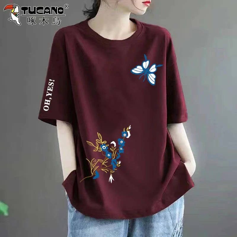啄木鸟纯棉短袖t恤2025年新款洋气休闲装大码宽松遮肉印花上衣女