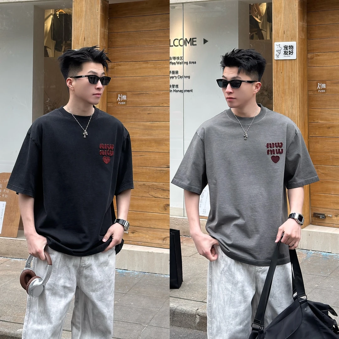 贴布刺绣重工洗水做旧短袖潮流休闲夏季圆领ins