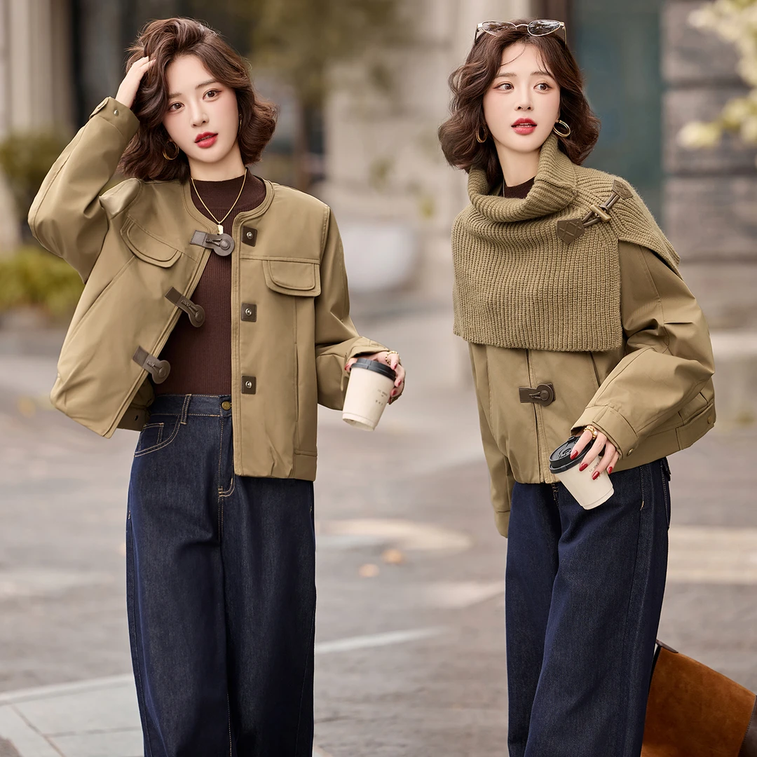 披肩夹棉圆领外套2025年冬装新款气质欧货短款加厚棉服夹克女