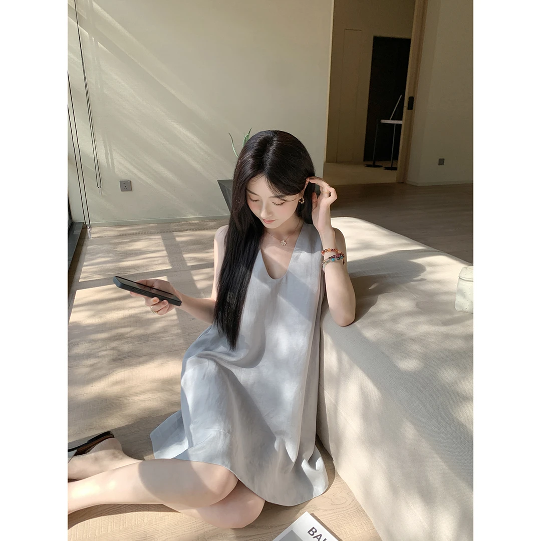 夏诗文 亚麻天丝莱赛尔v领A字连衣裙短裙