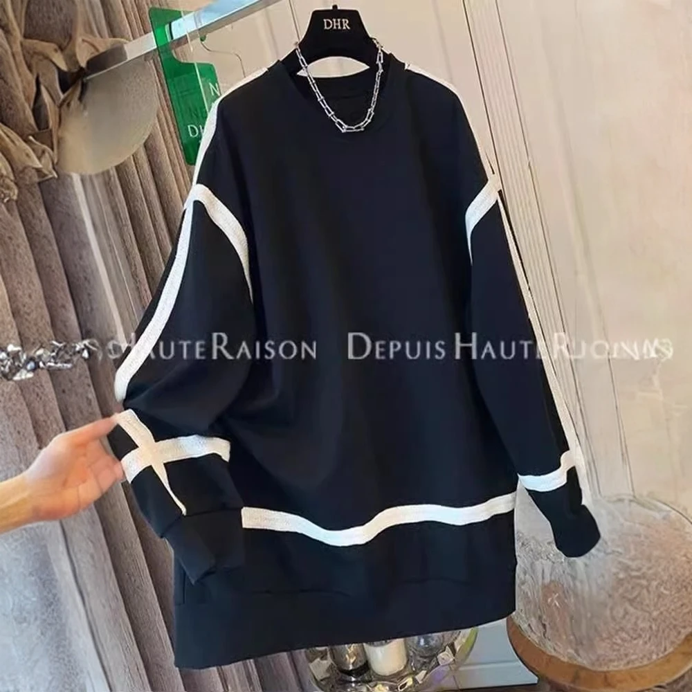 胖mm特大码300斤黑白撞色中长款卫衣女秋冬宽松遮肉休闲长袖上衣2