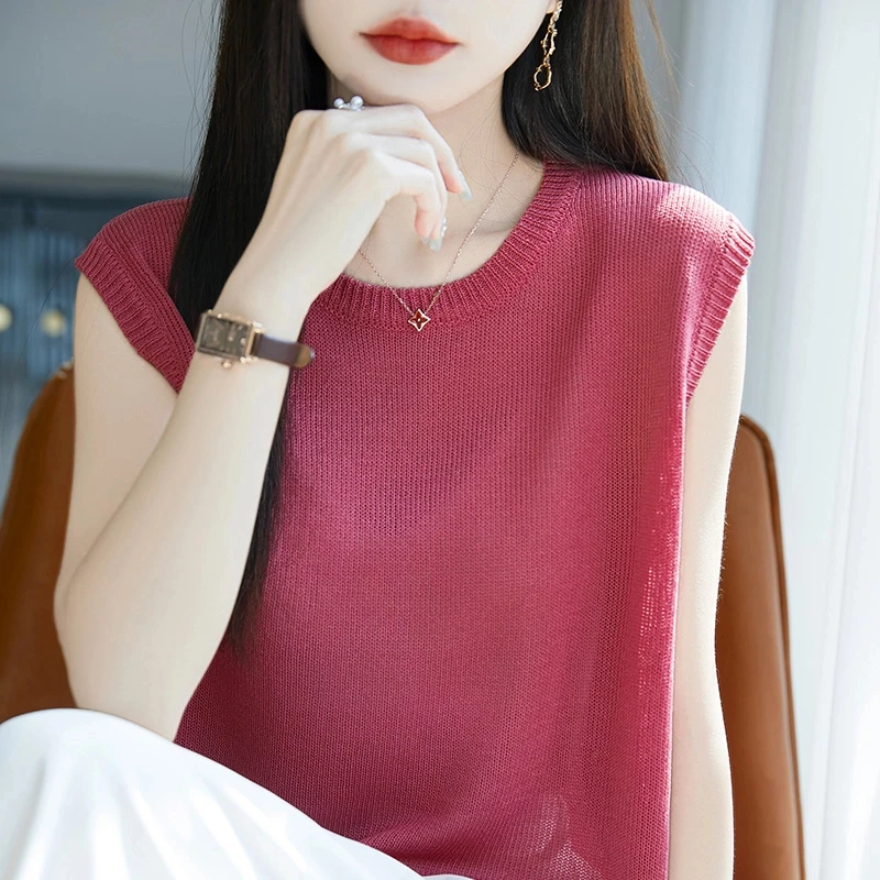 时尚品牌女装2025夏季圆领无袖针织背心女纯色上衣宽松薄款T恤女