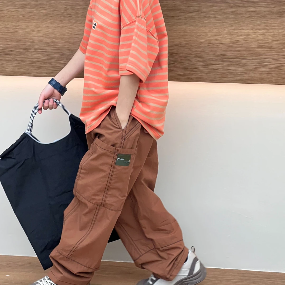 vilimama2025春款特别棉布咖色明线布标休闲裤25512儿童百搭