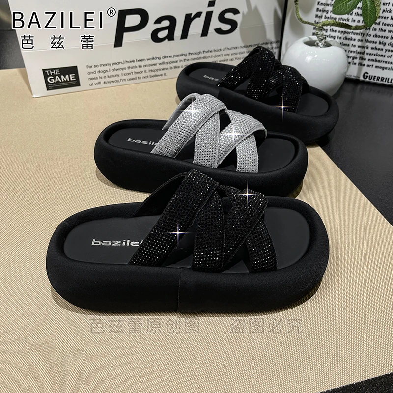 【闪耀人生】夏季新款2025年增高亮色交叉款防滑水钻厚底运动凉鞋女