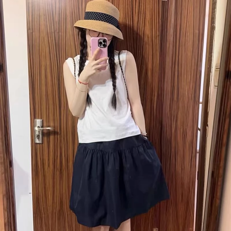 日系学院风百搭松紧腰半身裙夏季女百搭高腰显瘦A字休闲中裙