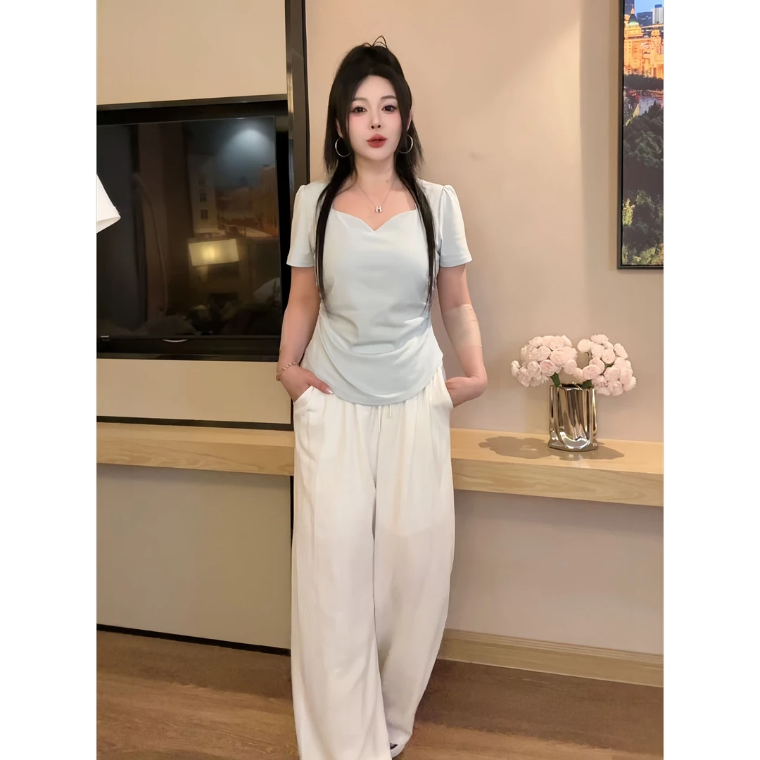 【裤子】大码胖mm夏新款设计感欧若风纯色宽松显瘦长短款松紧腰裤子