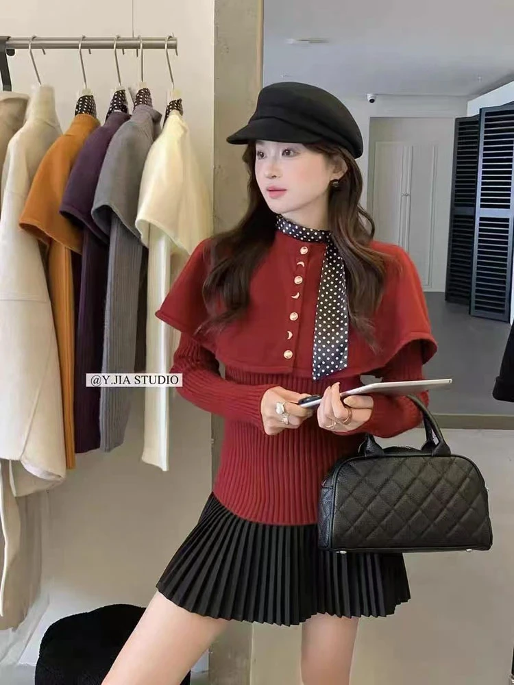 秋冬季新款韩系慵懒风减龄显瘦穿搭斗篷针织毛衣套装上衣