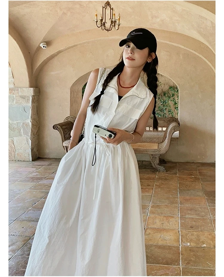 高级感白色无袖工装连衣裙女夏2025新款收腰气质显瘦甜酷少女长裙