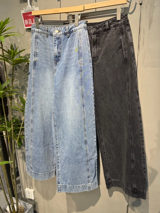 女牛仔裤宽松复古裤子直筒蓝色纯色短裤高腰