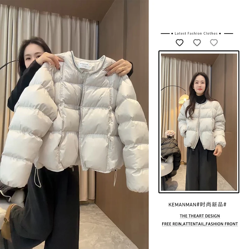 2025冬季新款韩版慵懒风圆领棉服外套女大码胖MM宽松显瘦百搭棉衣