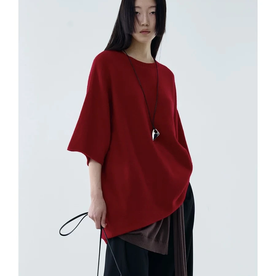 YOEYYOU大廓型后开襟短袖毛衫红色休闲2025春新品宽松绵羊毛打底