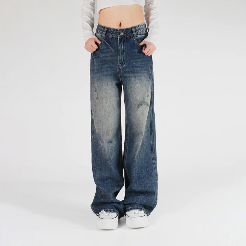 FaGn原创秋冬新款牛仔裤女重工洗水做旧直筒宽松裤显腿长阔腿裤