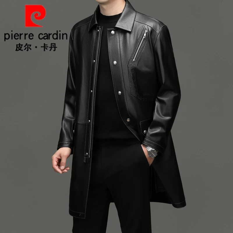 皮尔卡丹头层牛皮大衣男真皮皮衣春秋新款时尚长款皮风衣外套