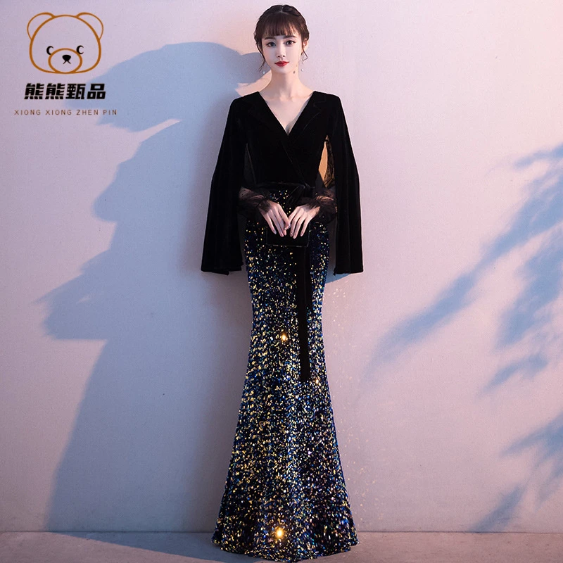 连衣裙气质高贵黑色晚礼服优雅显瘦长袖轻奢名媛宴会演出服长款wd