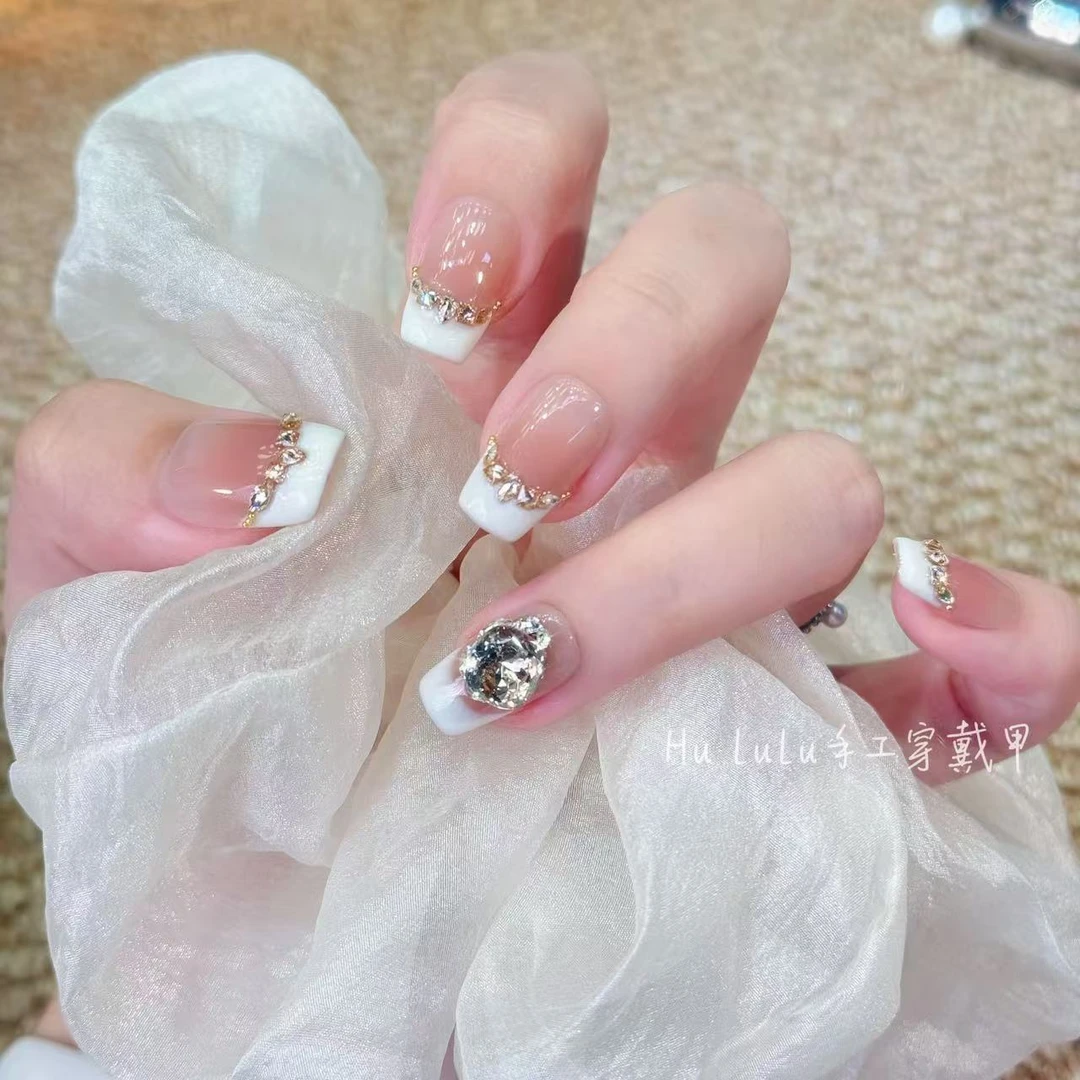 Pokecici【月白风清】-白色法式爆闪锆石美甲 纯手工美甲 10片装