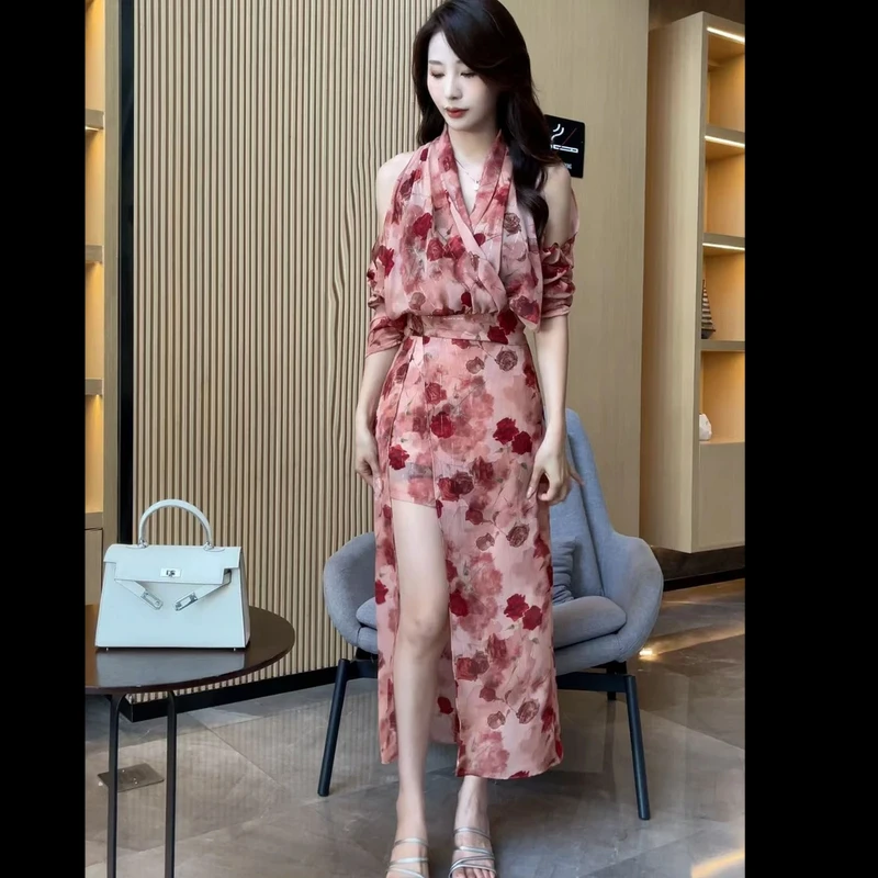 夏季法式复古度碎花显瘦修身新款气质收腰套装