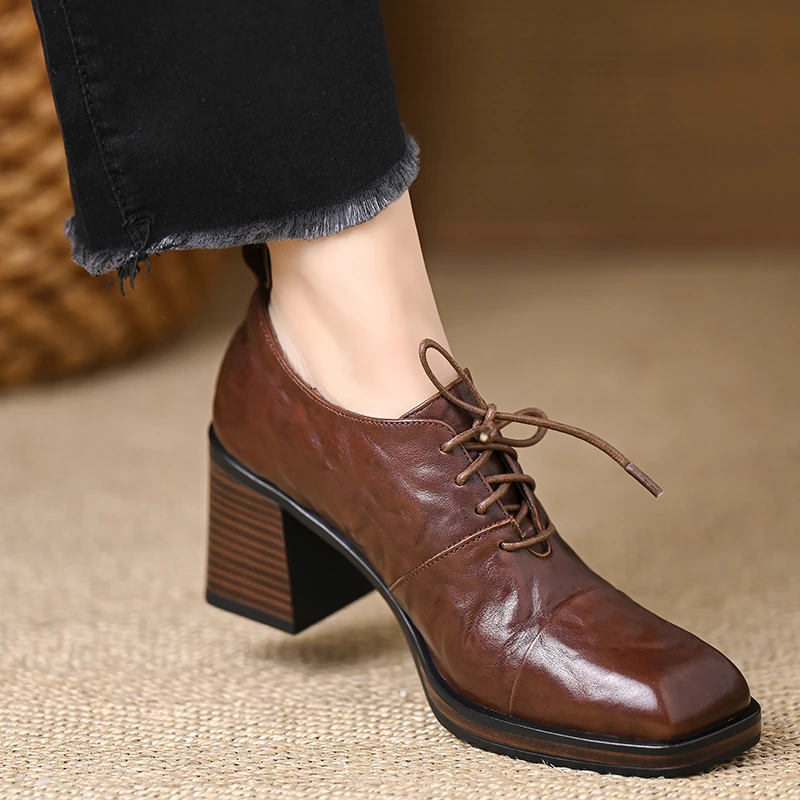 轩玥情女鞋7厘米粗跟高跟鞋真皮系带复古小皮鞋春秋深口方头单鞋