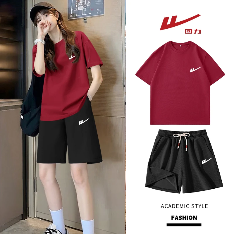 Warrior/回力运动休闲服套装女休闲衣服女慵懒风纯棉半袖短袖套装