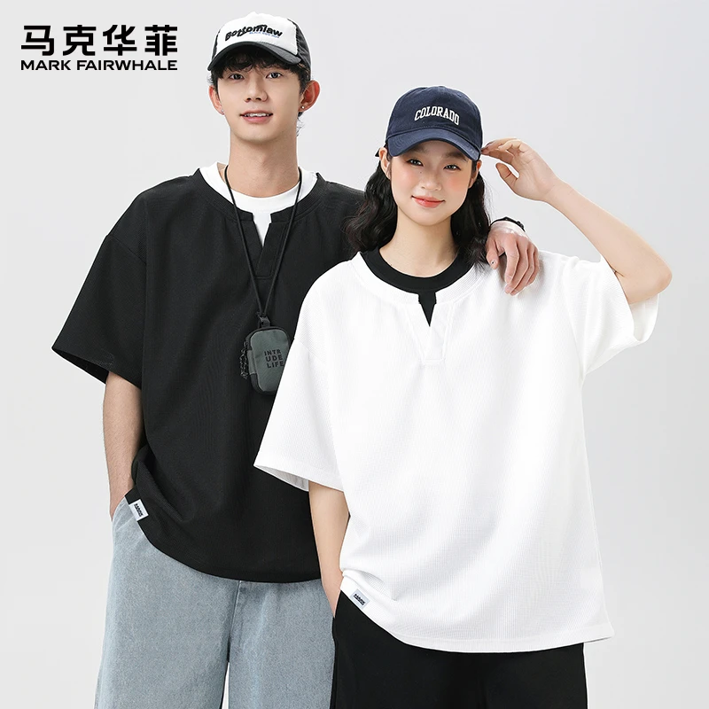 马克华菲夏季薄款冰丝华夫格假两件短袖t恤男士宽松潮牌圆领体恤
