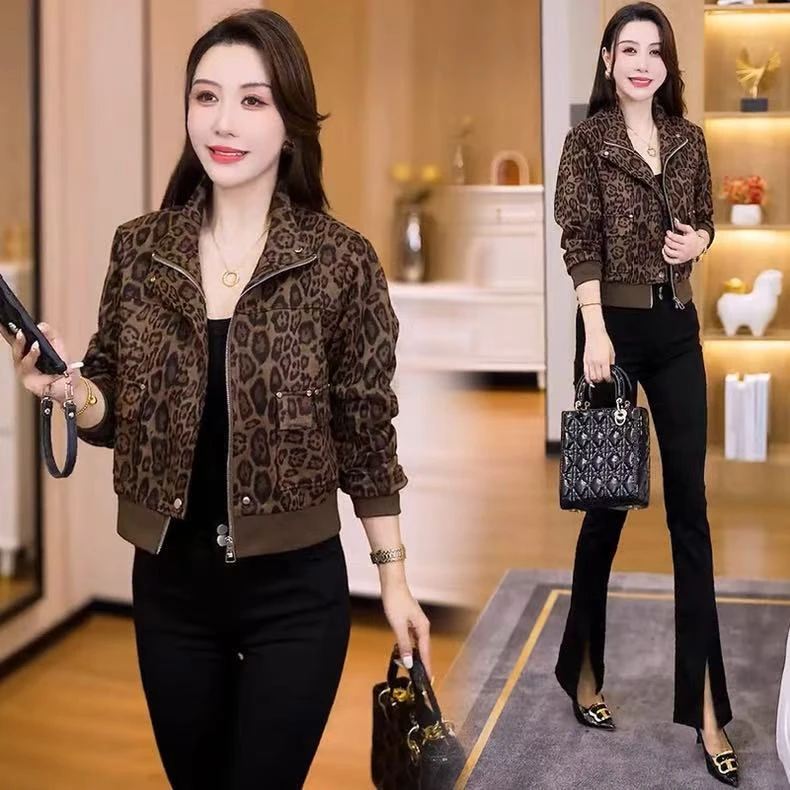时尚豹纹短款外套女2025秋季新款洋气显瘦小个子百搭翻领夹克上衣