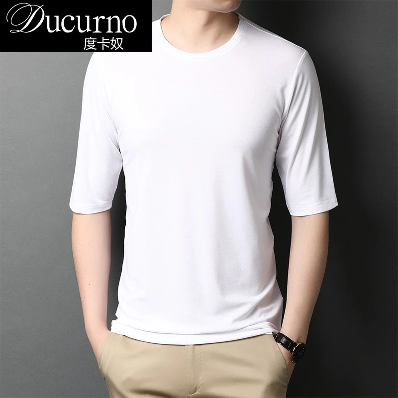 夏季宽松修身桑蚕丝短袖T恤男薄款中袖冰丝半袖白色潮流凉爽体恤