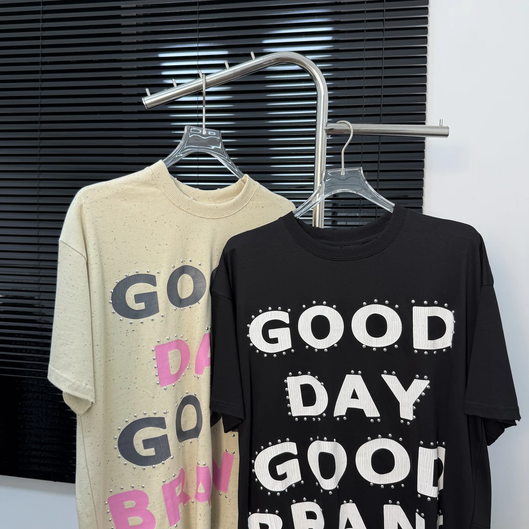 320克 GOOD铆钉字母爆裂纹磨破做旧高级感短袖男女同款重磅短袖
