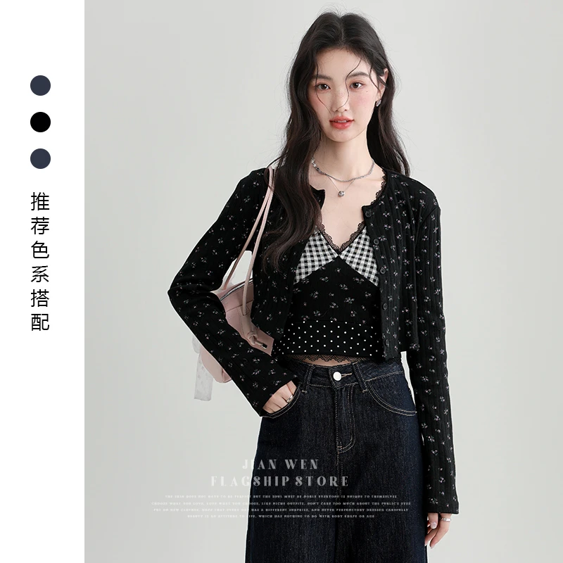 2025春季新款黑色蕾丝拼接针织内搭吊带背心女短款外搭上衣两件套