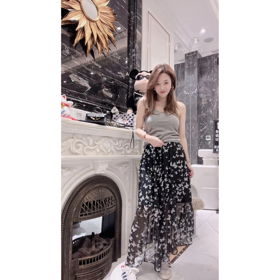 74006黑色长裙长沙2025春秋新款纱裙女半身裙中长款网纱百褶裙子