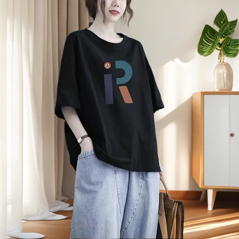 纯棉短袖T恤女夏新款大码200斤洋气显瘦宽松妈妈装时尚半袖上衣