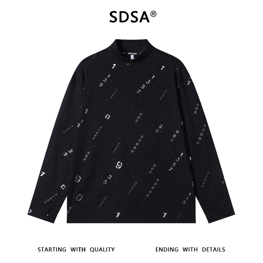 SDSA男士秋冬新款痞帅男装潮牌满天星滴胶数字半高领长袖T恤百搭