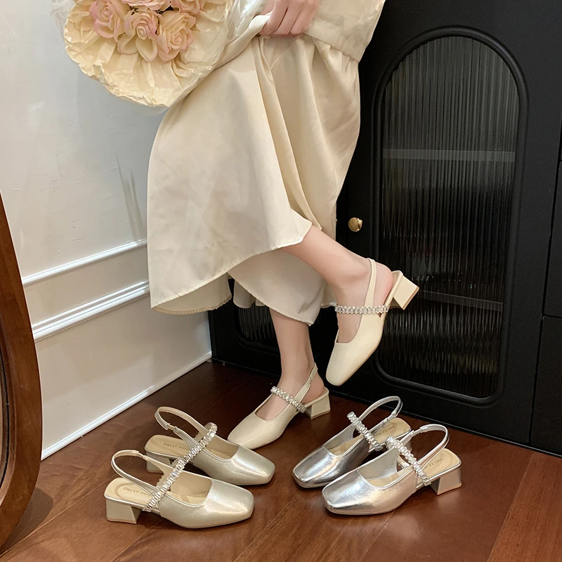 【谢亚平专属】法式方头玛丽珍夏季新款水钻一字带粗跟30-73