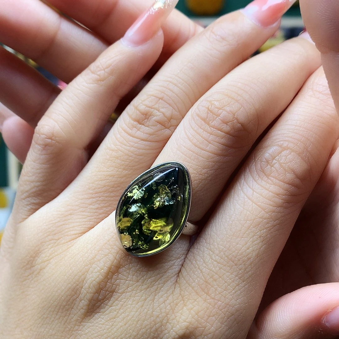 绿珀戒指银S925镶嵌戒指