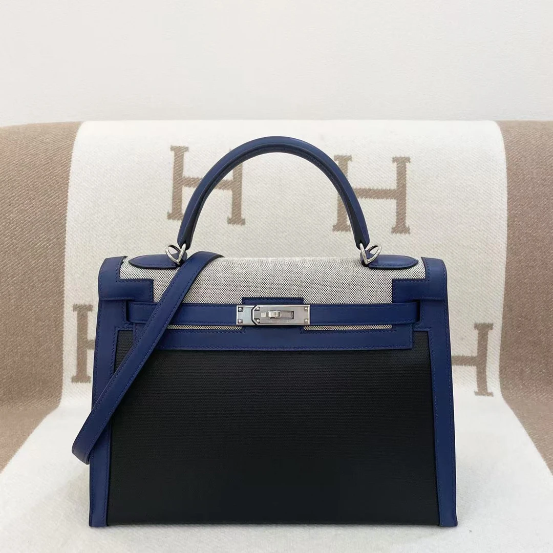 全新未使用 Hermes/爱马仕 kelly32帆布s皮宝石蓝手提包ha0125a1