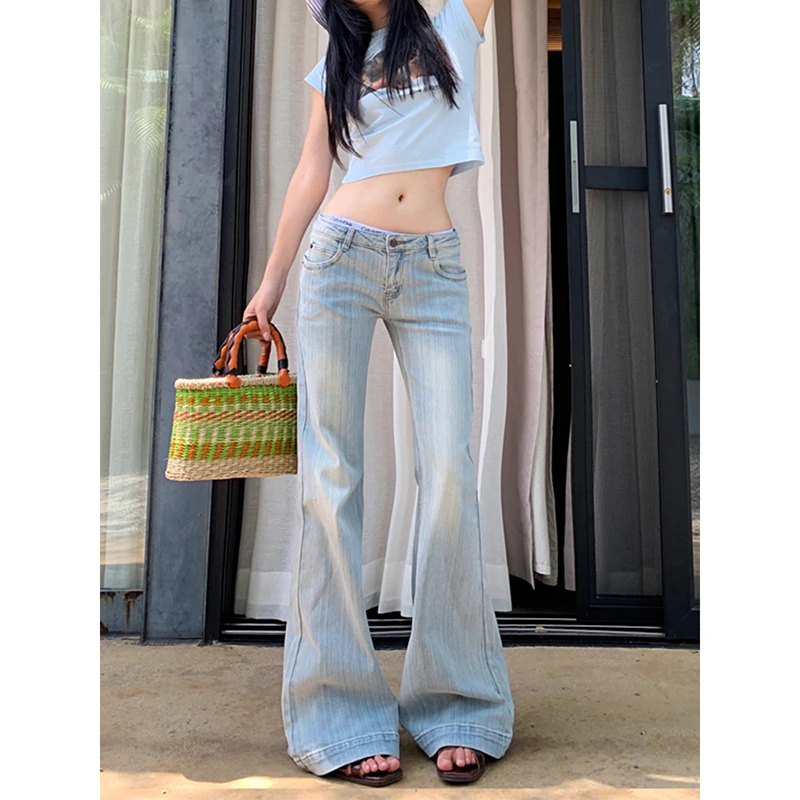 美式浅色低腰宽松微喇牛仔裤女夏季新款直筒修身显瘦喇叭拖地裤潮