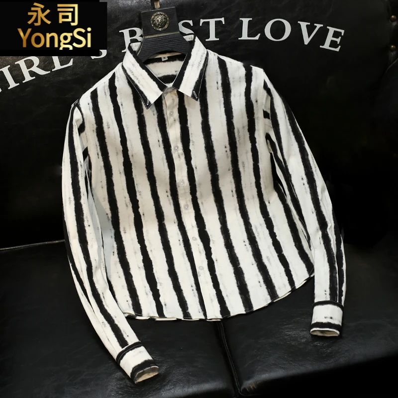 条纹商务渐变长袖衬衫男士青年修身韩版欧洲站休闲男装痞帅衬衣潮