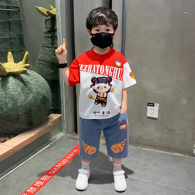 哪吒衣服男童夏装短袖套装2025款男宝夏季T恤洋气牛仔短裤两件套