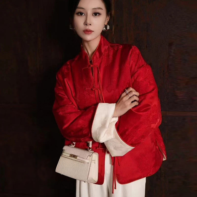 拜年服红色喜庆新中式立领流苏盘扣宽松有口袋冬季夹棉双面外套