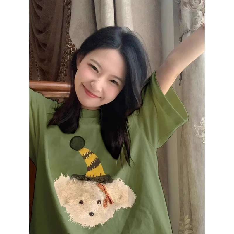 胖mm300斤大码重磅小熊印花短袖t恤女夏季新款美式复古宽松上衣