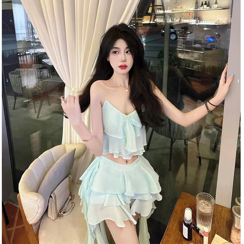 海边气质纯欲风套装女夏季高级吊带背心不规则半身裙两件套新款