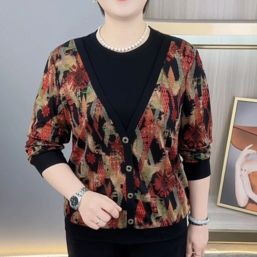 秋季新款时尚圆领印花假两件洋气妈妈装休闲百搭长袖上衣H8803
