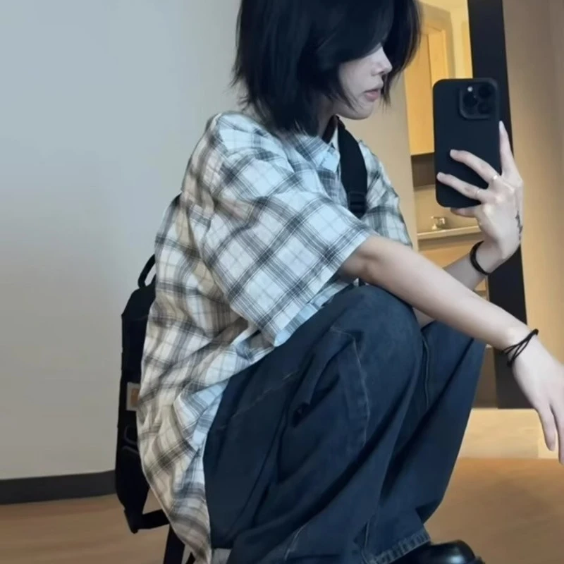 夏季日系复古松弛感穿搭格子短袖衬衫男女同款宽松慵懒半袖衬衣潮