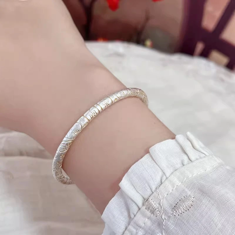 足银手镯 轻奢描金小吉言通体足银999.9闭口手镯
