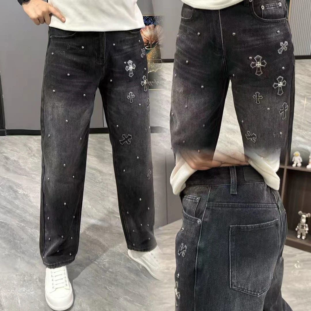 牛仔裤男铆钉贴皮十字刺绣黑色男裤秋冬季新款加厚水洗宽松阔腿裤