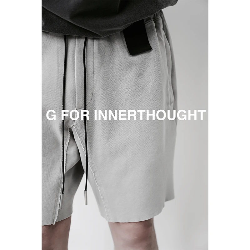 G FOR INNERTHOUGHT|水洗浅灰柔软全棉毛边宽松针织卫裤短裤男